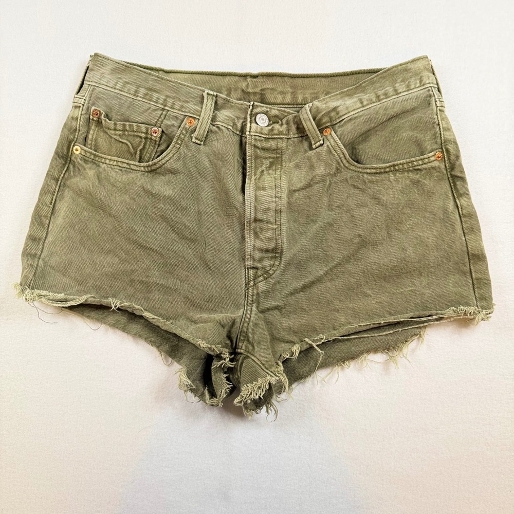 Levis 501 Original Cut Off Denim Shorts Olive Green Button Fly W33